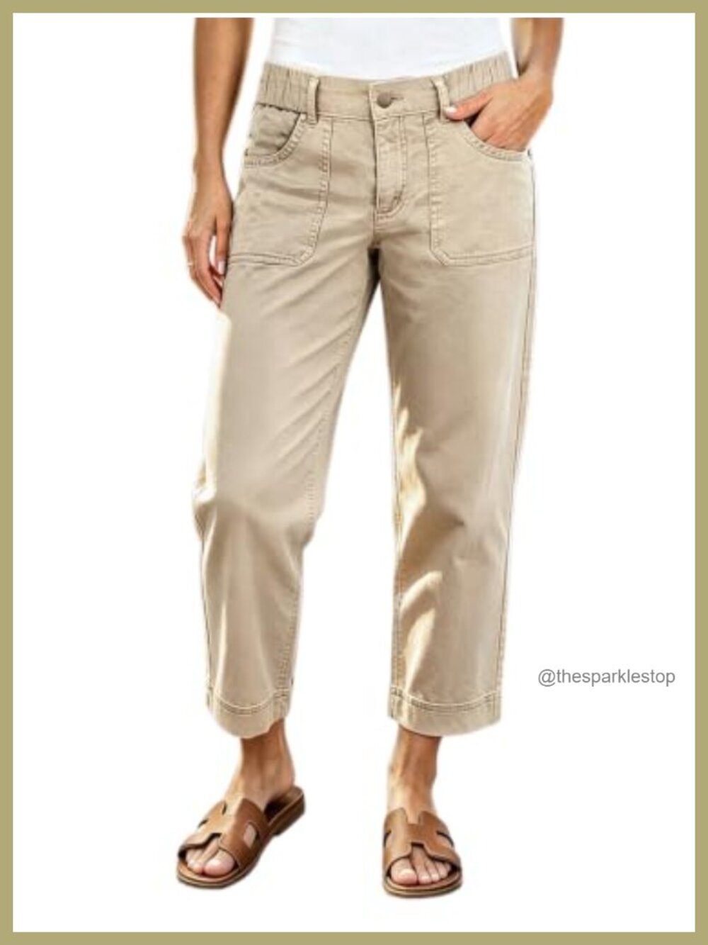 High Rise Straight Leg Cropped Chino Pants Cotton Stretch Women's